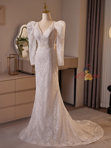 White Mermaid Lace V-neck Long Sleeve Wedding Dress
