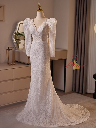 White Mermaid Lace V-neck Long Sleeve Wedding Dress