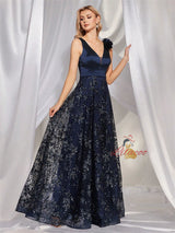 Navy Blue Sequins V-neck Prom Dress