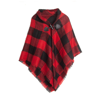 Lapel Horn Buckle Plaid Cloak Shawl
