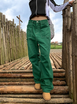 Green High Waist Loose Zipper Pocket Jeans