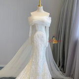 White Mermaid Lace Tulle Long Sleeve Pleats Wedding Dress