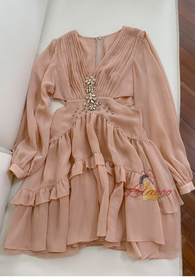 Champagne Long Sleeve V-neck Dress