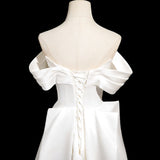 White Satin Pleats Bow Wedding Dress