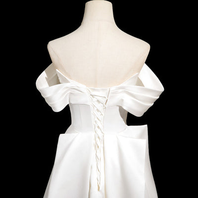 White Satin Pleats Bow Wedding Dress