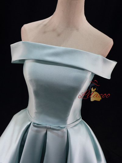 Blue Satin Off the Shoulder Pleats Homecoming Dress