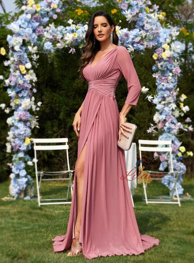 Chiffon V-neck Slim Split Long Prom Dress
