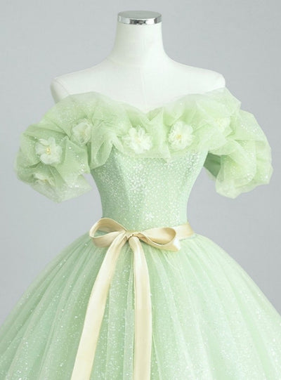 Green Tulle Sequins 3D Flower Prom Dress
