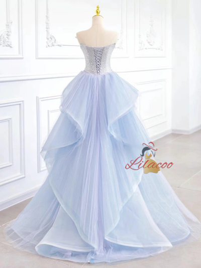 Blue Purple Tulle Sequins Strapless Prom Dress