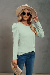 Long Sleeve Pleated Spliced Round Neck T-shirt