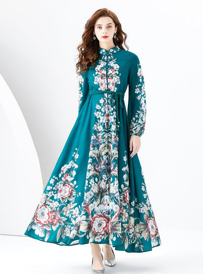 Retro Long-sleeved Stand-up Collar Printed Dress