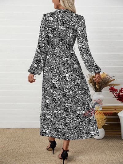 Ethnic Printed V-neck Long-sleeved Dress