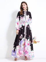 Holiday Flower Printed Lantern Sleeve Dress