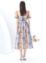 Vintage Printed V-neck Mesh Bubble Sleeve Dress