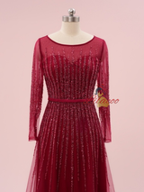 Burgundy Tulle Long Sleeve Beading Sequins Prom Dress