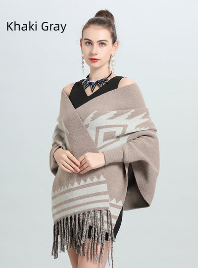Striped Fringe Bat Sleeve Cardigan Shawl