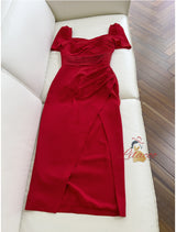 Red Sheath Short Sleeve Pleats Prom Dress