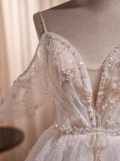 White Tulle Spaghetti Straps Sequins Wedding Dress