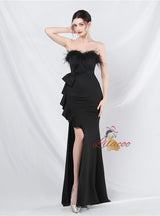 Mermaid Strapless Feather Split Prom Dress