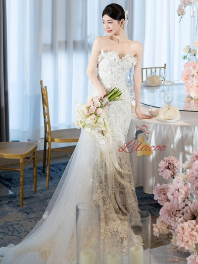 White Mermaid Lace Long Sleeve Wedding Dress