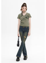 Retro Printed V-neck Short Sleeve T-shirt