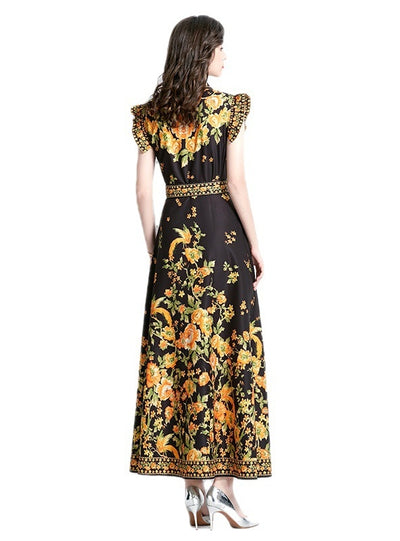 Retro Palace Lotus Leaf Sleeve Printed Dress
