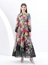 Lantern Sleeve Retro Print Slim Dress