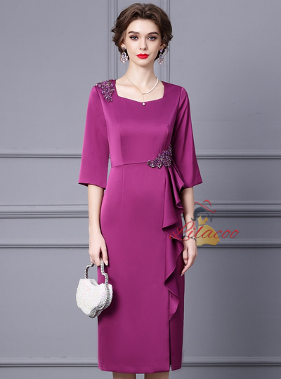 Burgundy Short Sleeve Beading Mother Of The Bride Dress