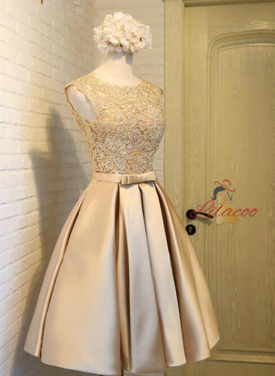 Gold Satin Lace Homecoming Dress