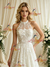 Beige White Lace Halter Wedding Dress