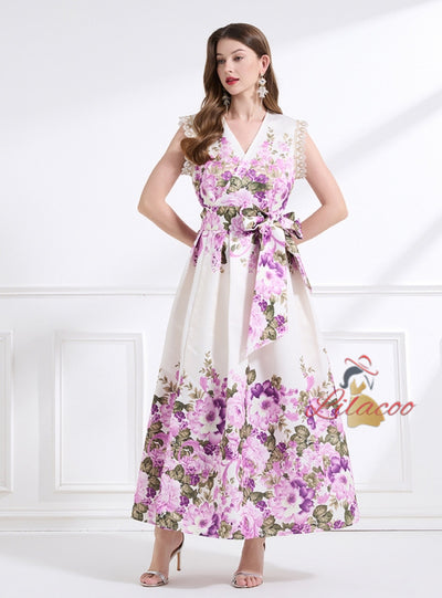 Retro Printed Sleeveless Lace Dress