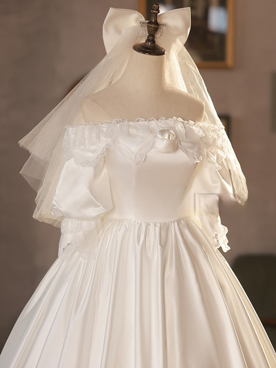White Satin Lace Puff Sleeve Wedding Dress