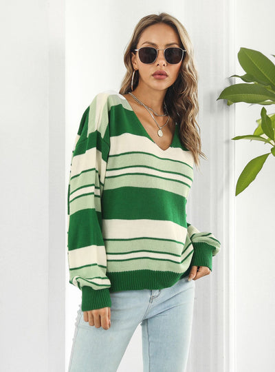 Loose Striped V-neck Long Sleeve Sweater