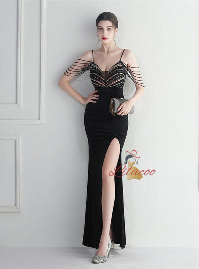 Mermaid Velvet Spaghetti Straps Sequins Beading Prom Dress