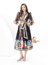 Vintage V-neck Gauze Lantern Sleeve Printed Dress