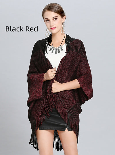 Loose Striped Fringed Cardigan Shawl Cloak