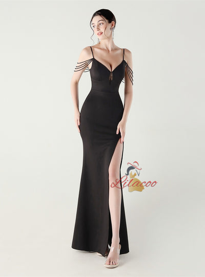 Mermaid Spaghetti Straps Beading Split Prom Dress