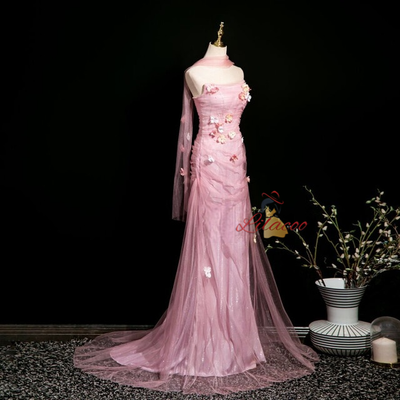 Pink Mermaid Tulle Strapless Flower Prom Dress