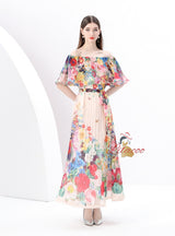 Off the Shoulder Pleated Printed Long Dress