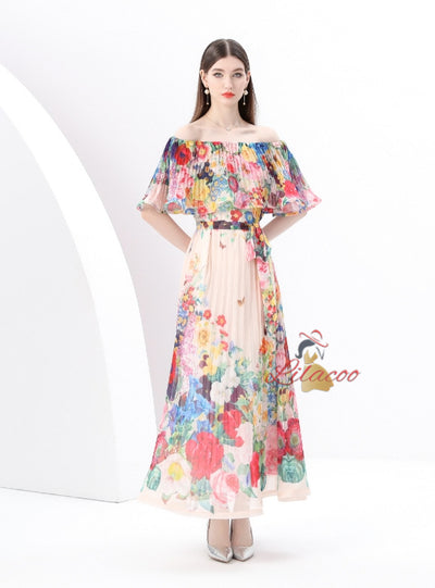 Off the Shoulder Pleated Printed Long Dress