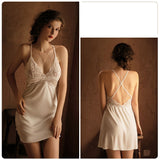 Deep V Stitching Lace Suspender Nightdress Suit