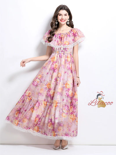 Off the Shoulder Flounced Printed Dress