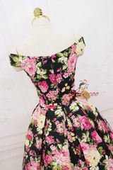 Black Satin Print Off the Shoulder Homecoming Dress
