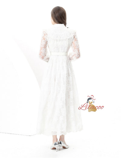 Retro Breasted Slim Waist Lace Dress