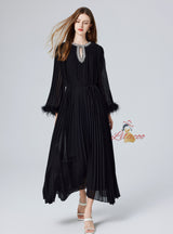 Diamond Beaded Feather Stitching Pleated Loose Dress