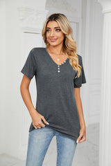 Solid Color Short Sleeve Button V-neck T-shirt