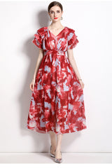 Flying Sleeve V-neck Pleated Holiday Dress