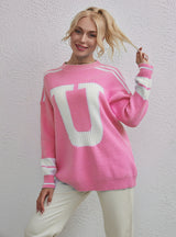 Color Matching Pullover Long Sleeve Letter Sweater