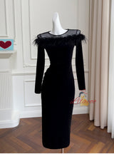 Black Velvet Mid-length Slim Dress