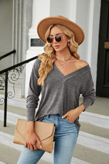 Solid Color V-neck Loose Casual Long Sleeve T-shirt